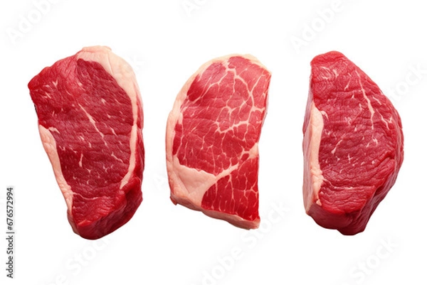 Obraz Three four pieces of raw steak isolated on transparent or white background, png