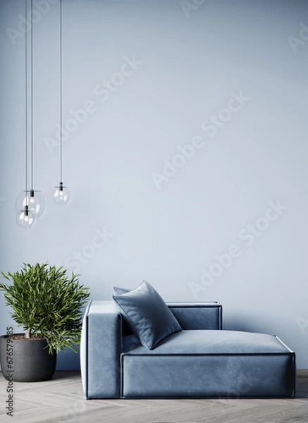 Fototapeta Livingroom or buisness hall scene light pastel color. Lounge room - blue sky paint and velor. Empty wall blank - navy background and pale tone loveseat. Luxury modern home design interior. 3d render 
