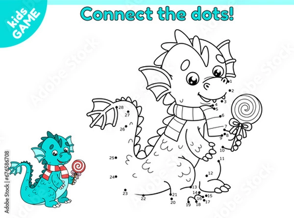 Fototapeta Dot to dot kids game. Symbol of the Chinese New Year is dragon. Connect the dots by numbers and draw the cartoon dragon with a lollipop in paws. Puzzle perfect for holiday activity book. Vector design