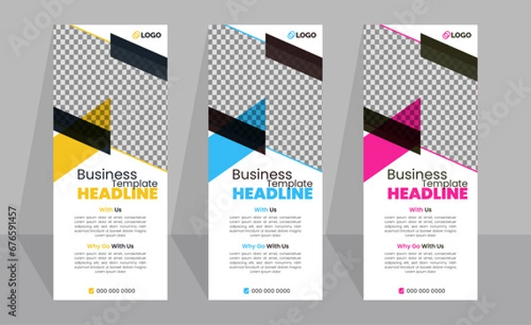 Fototapeta Corporate rollup banner template, advertisement, pull up, polygon background, vector illustration,