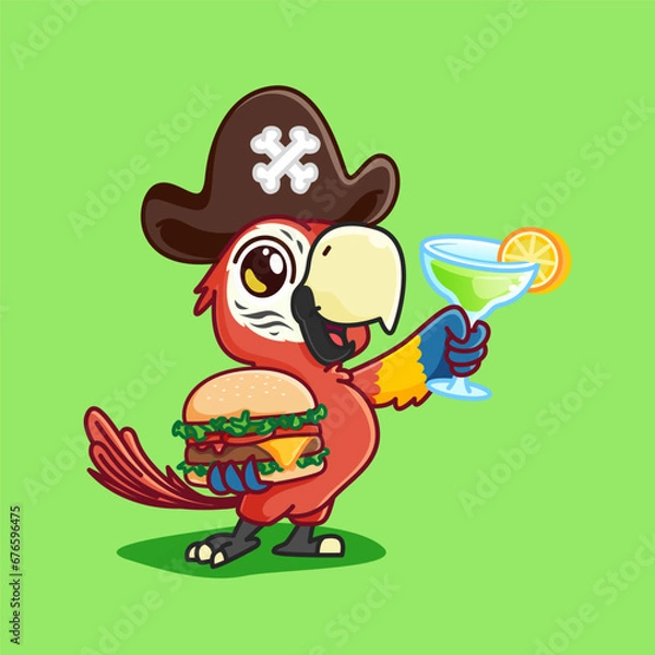 Fototapeta .cute cartoon macaw bird mascot hold burger and cocktail use pirate hat.adorable cartoon mascot illustration