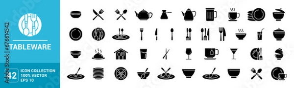 Fototapeta Collection of icons for tableware, cutlery, glass, plate, spoon, fork, vector editable and resizable EPS 10