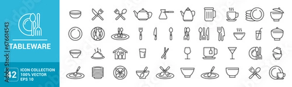 Fototapeta Collection of icons for tableware, cutlery, glass, plate, spoon, fork, vector editable and resizable EPS 10