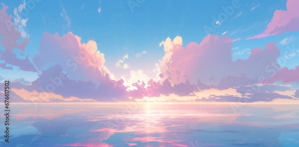 Fototapeta Clouds and seascape illustration in beautiful purple and pink tones. Sunrise in ocean, nature landscape background.