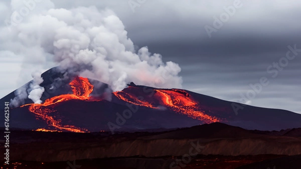 Fototapeta 噴火する火山　噴煙と共に流れ出る溶岩　AI生成画像