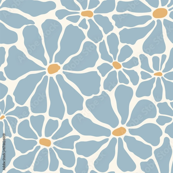 Fototapeta Groovy daisy flowers seamless vector pattern. Floral background in 1970s Hippie retro style. Flower Power.