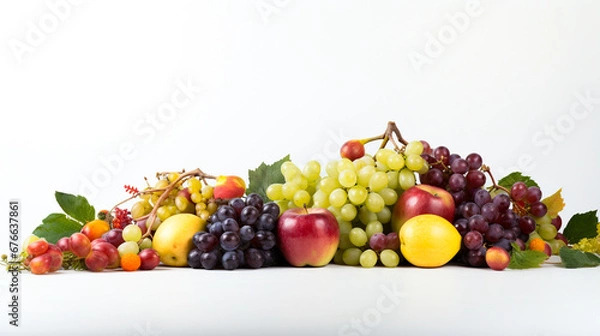 Fototapeta Mixed fruit on white background, space to enter text to write a message. For art texture, presentation design or web design and web background. Generative AI.