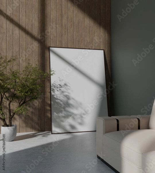 Obraz aesthetic wooden frame mockup poster with sofa and tree decoration for art presentation