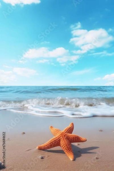 Fototapeta Summer beach with starfish and shells. Background sea. Hello summer