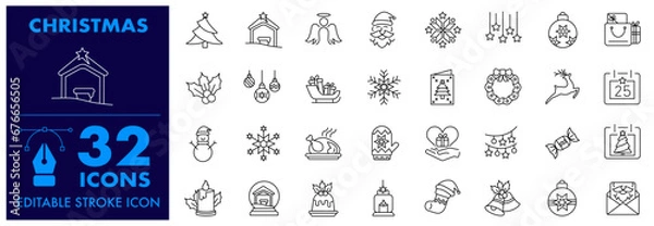 Fototapeta Christmas Editable Stroke Icon also includes, Santa, Angel, Nativity, Snowflakes, Gift, Christmas ball. Set of Xmas thin icon collections, Merry Christmas Vector Icon collections.