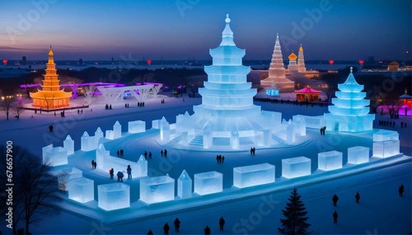 Fototapeta Stunning ice and snow sculpture from the Harbin Ice Festival in China in January, illuminated and with a touch of magic