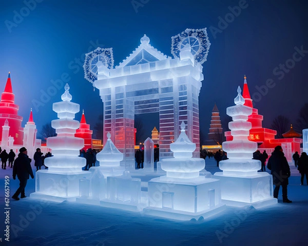 Fototapeta Stunning ice and snow sculpture from the Harbin Ice Festival in China in January, illuminated and with a touch of magic