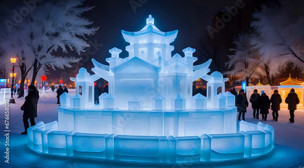 Fototapeta Stunning ice and snow sculpture from the Harbin Ice Festival in China in January, illuminated and with a touch of magic