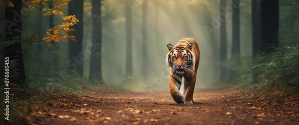 Fototapeta a tiger with a bushy tail and black ears, walking on a dirt path through a forest with tall trees and colorful leaves, with rays of sunlight and mist creating a magical atmosphere, in the morning