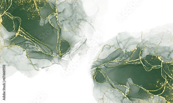 Fototapeta green alcohol ink graceful abstract ink flow art mixed with gold patterns with a translucent background.	