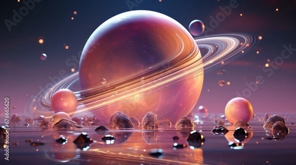 Fototapeta saturn planet and planets in the space on pink and purple background