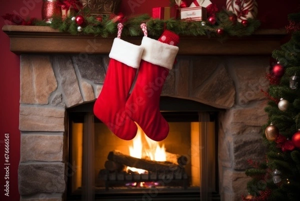 Fototapeta Red Christmas sock on the burning fireplace on Christmas Eve Generative Ai