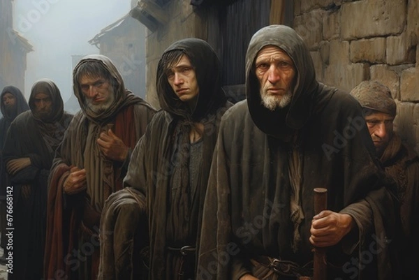 Fototapeta Sad Medieval Lepers in the streets Generative Ai