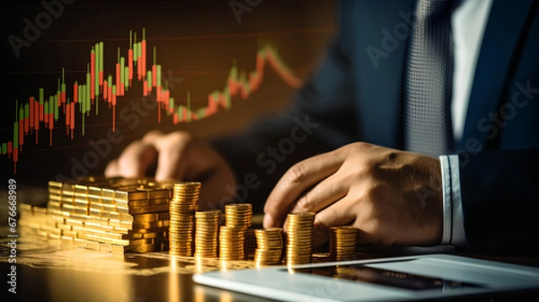 Fototapeta Businessman analyzing stock market charts and calculating his income in precious metals