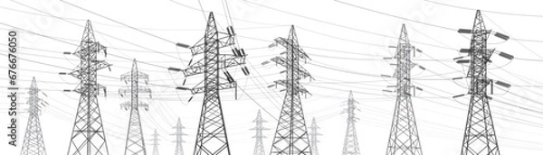 Obraz High voltage transmission systems. Electric pole. Power lines. A network of interconnected electrical. Energy pylons. City electricity infrastructure. Gray otlines on white background. Vector design