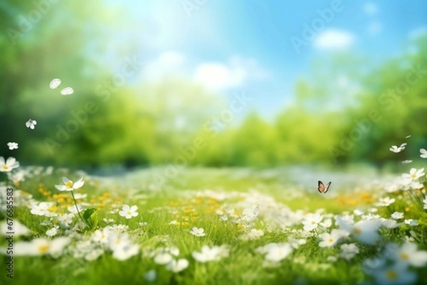 Fototapeta Beautiful blurred spring background nature with blooming glade, trees and blue sky on a sunny day. generative ai.