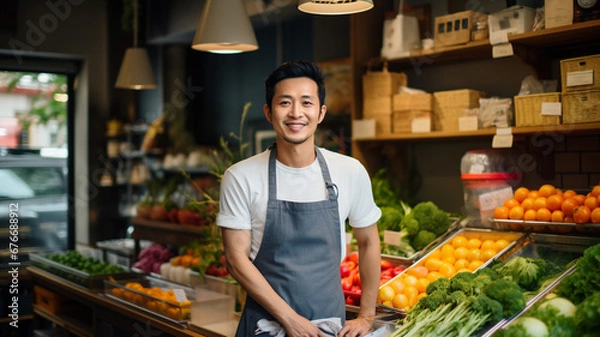 Obraz 八百屋で働くアジア人男性