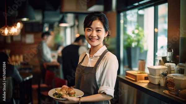 Obraz カフェでウエイターとして働くアジア人女性
