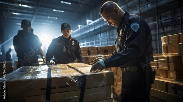 Obraz Custom inspection process, medium shot of officers meticulously checking imported goods, emphasizing the scrutiny and formalities required for global trade.