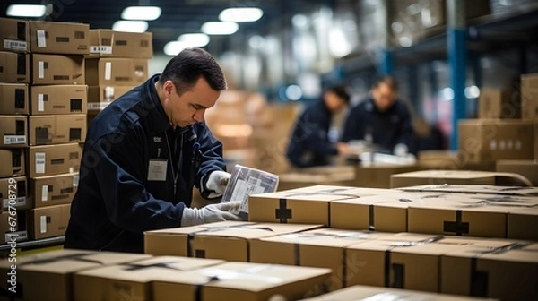Obraz Custom inspection process, medium shot of officers meticulously checking imported goods, emphasizing the scrutiny and formalities required for global trade.