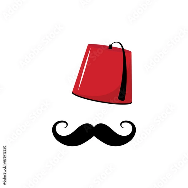 Obraz Red Turkish hat fez and black mustache vector isolated element, Turkish symbols