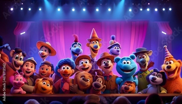 Obraz Friendly Puppets show on stage. happy, fun, laugh. Generative AI