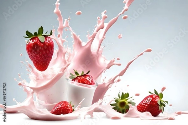 Obraz Strawberry milk or yogurt splashed isolated on a white background in three dimensions