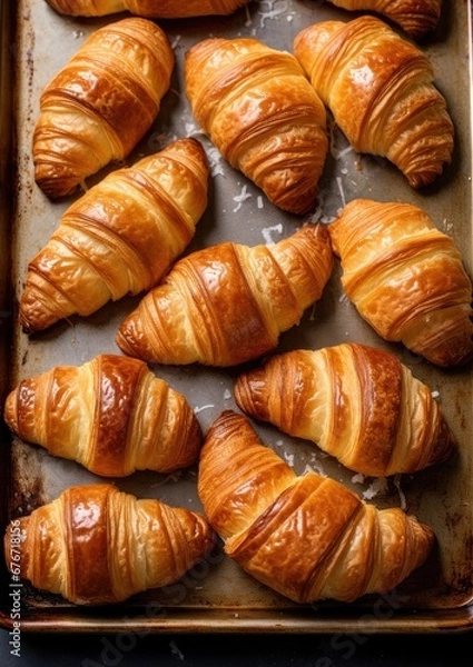 Fototapeta Delicious buttery croissants prepared on a baking sheet. Generative AI.