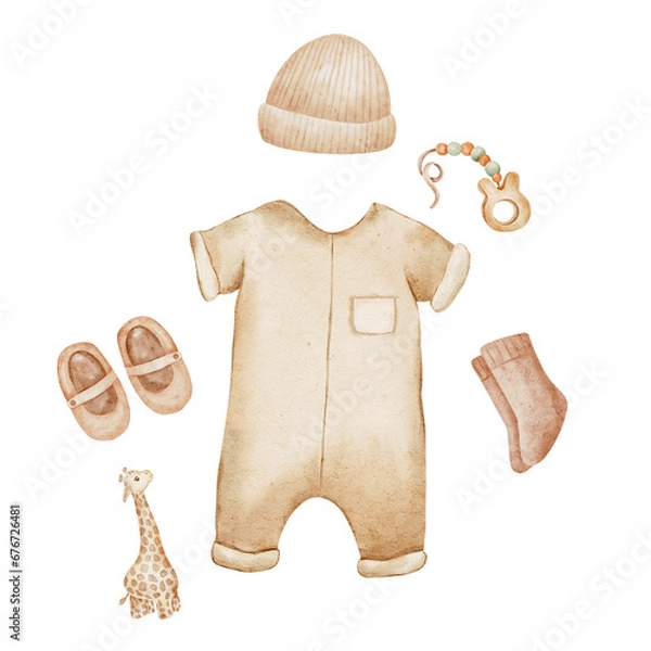 Fototapeta Hand drawing watercolor baby set. Baby themed photo shoot, baby accessories, toys isolated on white background. Use for celebrating, greeting card, photoshoots, frame, poster, baby book, metrics