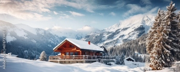 Obraz Cozy cabin in wild nature. Landscape covered with snow. Generative AI.