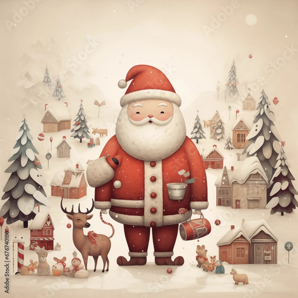 Fototapeta Adorable illustrations of Santa Claus, reindeer, snowmen, elves, and other festive characters.