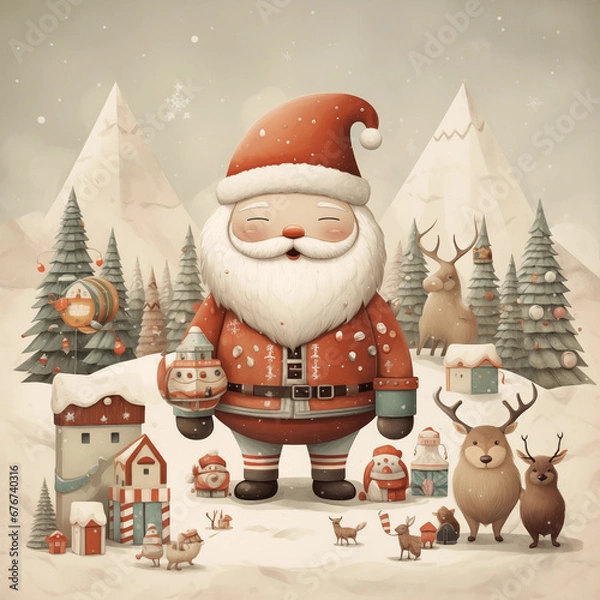 Fototapeta Adorable illustrations of Santa Claus, reindeer, snowmen, elves, and other festive characters.