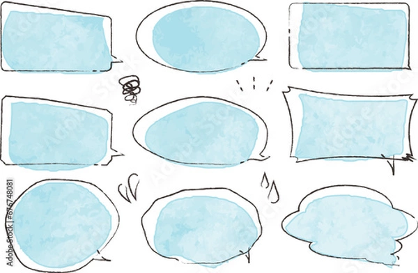 Fototapeta やさしい水色のシンプルな水彩風吹き出しセット