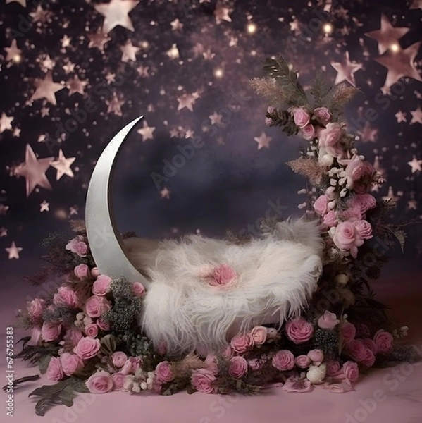 Fototapeta Moon Newborn Digital Backdrop, Baby Girl Boy Photo Shoot, Crescent Moon Background, Moon Overlay, Moon Newborn Prop