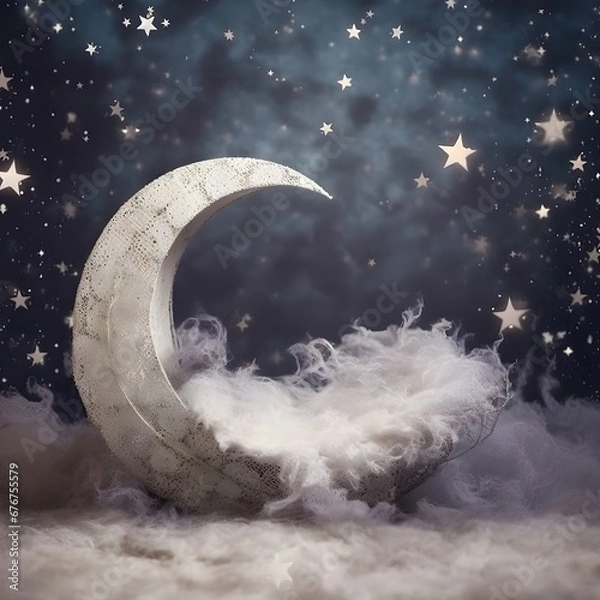 Fototapeta Moon Newborn Digital Backdrop, Baby Girl Boy Photo Shoot, Crescent Moon Background, Moon Overlay, Moon Newborn Prop