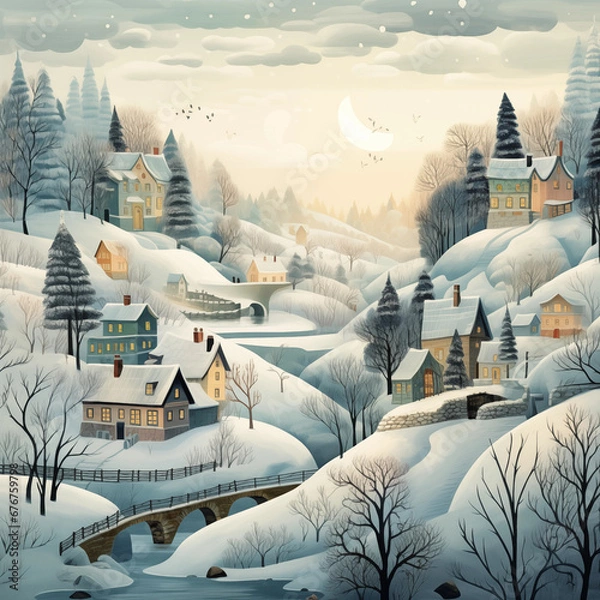Fototapeta Whimsical illustrations of snowy landscapes, charming villages, and cozy winter scenes