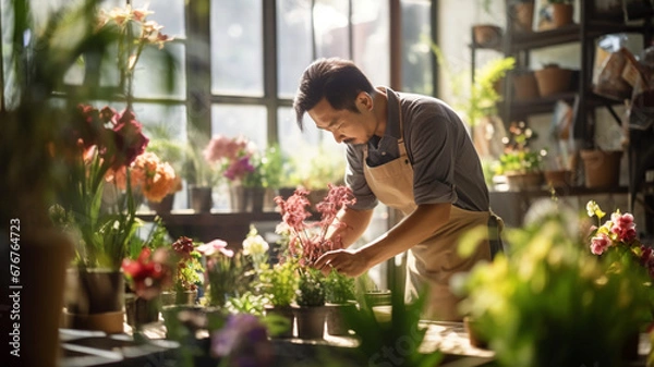 Obraz 花屋で働くアジア人男性