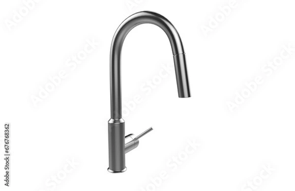 Fototapeta Faucet model isolated on light background, single faucet, stainless steel texture, home industry accessories, 3d rendering.