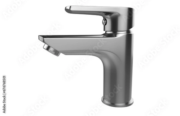 Fototapeta Faucet model isolated on light background, single faucet, stainless steel texture, home industry accessories, 3d rendering.
