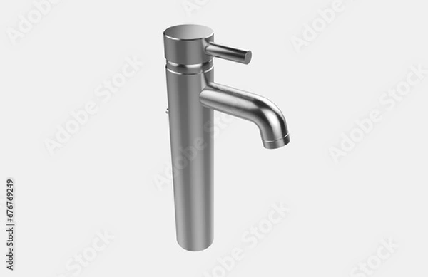 Fototapeta Faucet model isolated on light background, single faucet, stainless steel texture, home industry accessories, 3d rendering.