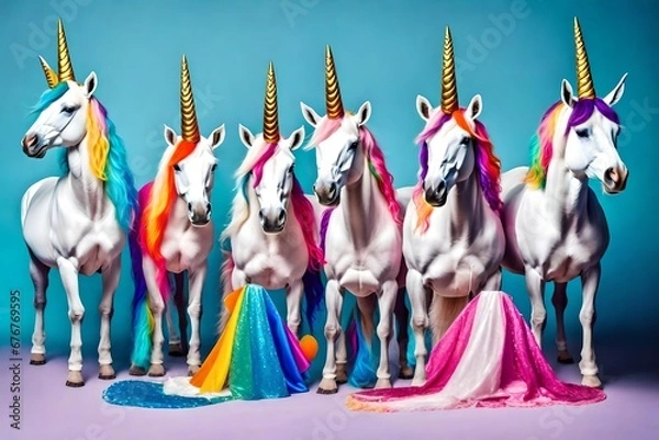 Fototapeta white horse with a rainbow, horse with a gift, nature, Creative animal concept. Unicorn in a group, vibrant bright fashionable outfits isolated on solid background advertisement, copy text space.
