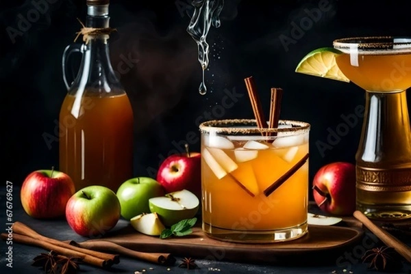 Fototapeta mulled wine with spices, Apple cider margarita with brown sugar and spices