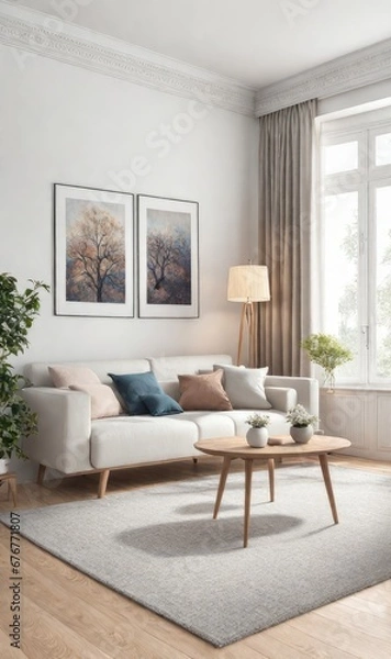 Fototapeta Interior design photo frame mock-up living room minimalist cozy Scandinavian style. sofa, tropical plant, pillows, blanket and lamp