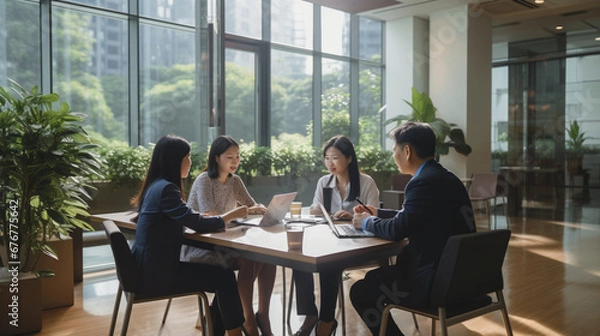 Obraz オフィスでミーティングをするアジア人会社員