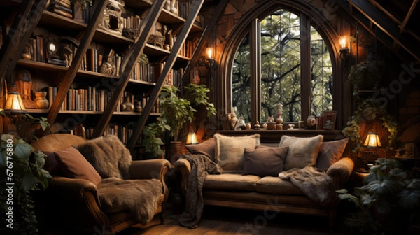 Fototapeta Enchanted Library Nook: A cozy reading nook in a library with soft lighting, plush chairs, and overflowing bookshelves